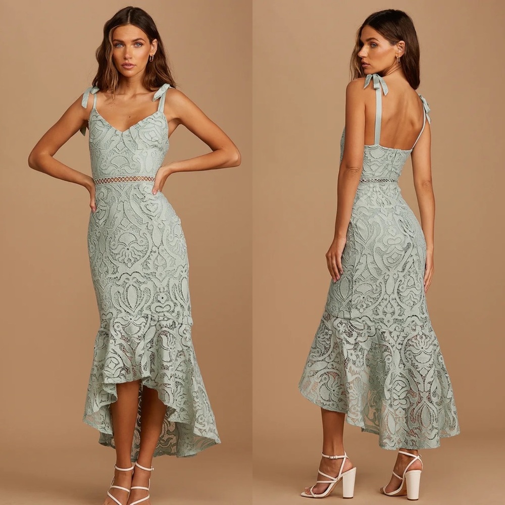 NWOT Lulu’s Won Your Heart Sage Green Lace Tie-Strap High-Low Midi Dress Size XS